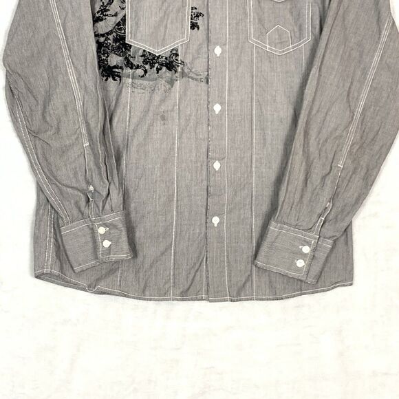 Roar Embroidered Shirt Mens Large Grey Pinstripe Embellished Velvet Print Y2K - Picture 3 of 8
